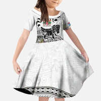 Fiji Iguana Family Matching Tank Maxi Dress and Hawaiian Shirt Tapa Tribal Tattoo and Hibiscus LT03 Daughter's Dress White - Polynesian Pride