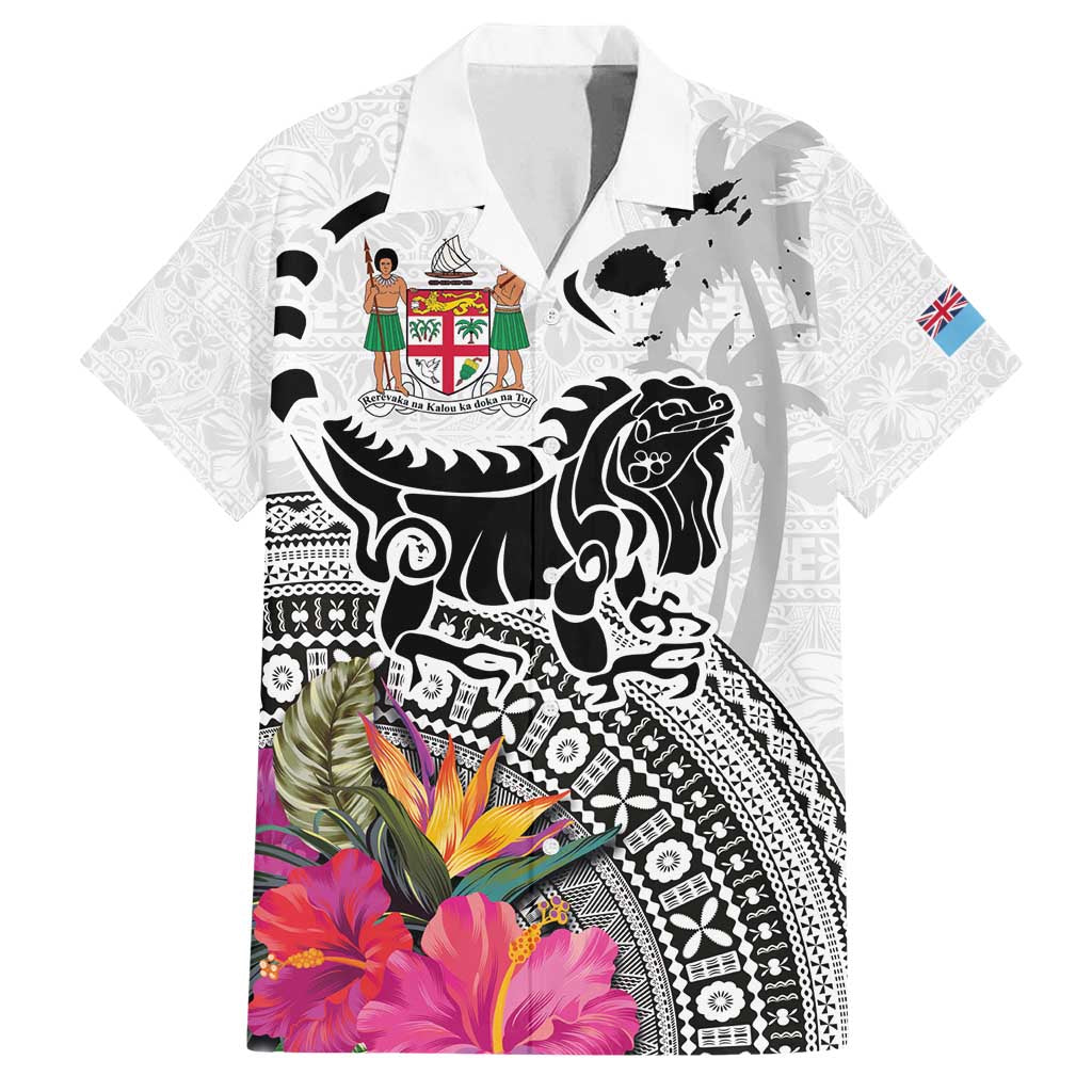 Fiji Iguana Family Matching Tank Maxi Dress and Hawaiian Shirt Tapa Tribal Tattoo and Hibiscus LT03 Dad's Shirt - Short Sleeve White - Polynesian Pride