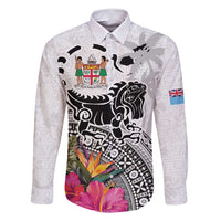 Fiji Iguana Family Matching Tank Maxi Dress and Hawaiian Shirt Tapa Tribal Tattoo and Hibiscus LT03 Dad's Shirt - Long Sleeve White - Polynesian Pride