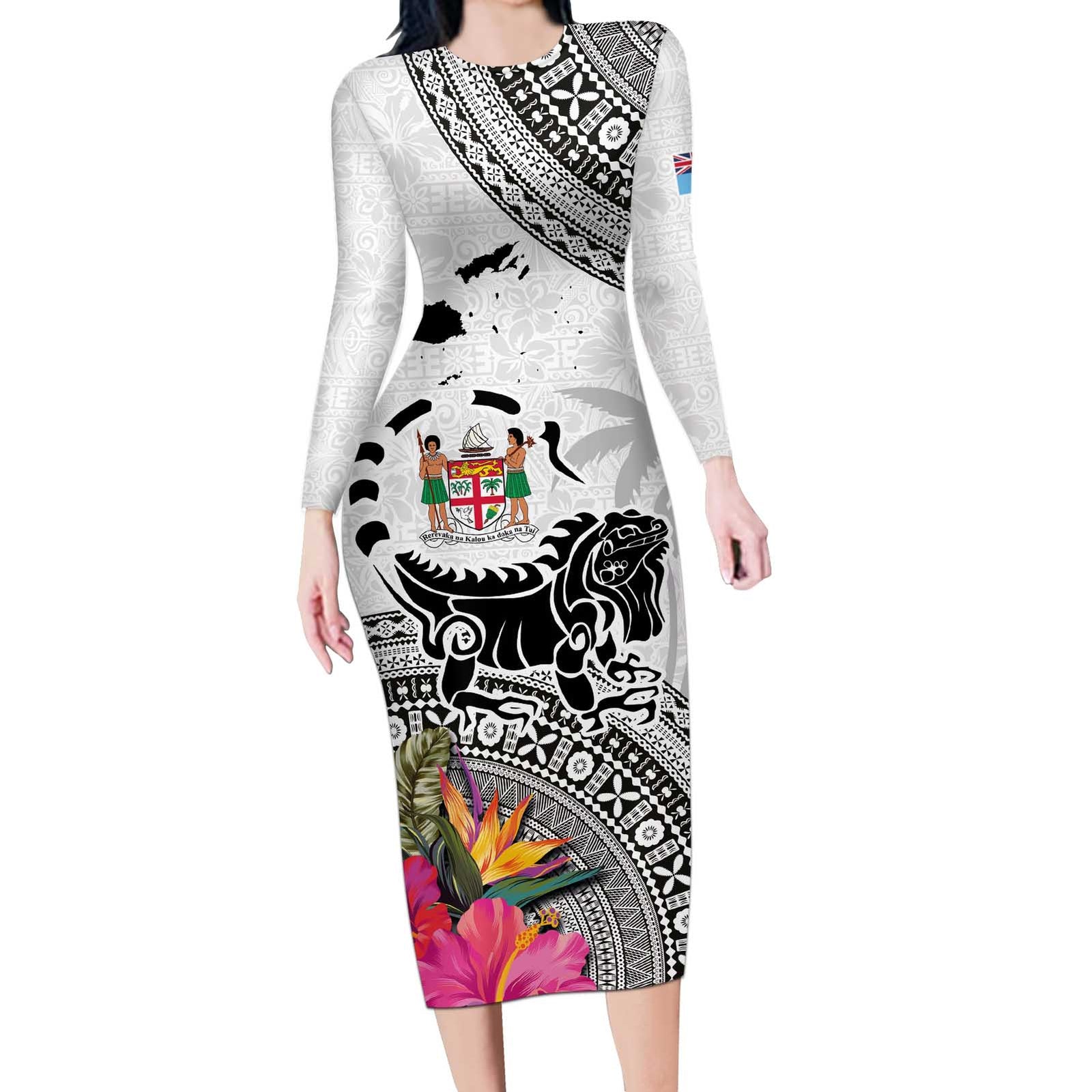 Fiji Iguana Long Sleeve Bodycon Dress Tapa Tribal Tattoo and Hibiscus