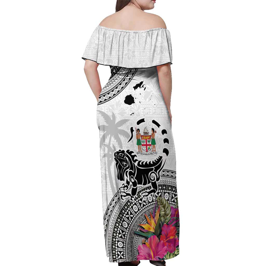 Fiji Iguana Off Shoulder Maxi Dress Tapa Tribal Tattoo and Hibiscus