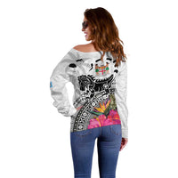 Fiji Iguana Off Shoulder Sweater Tapa Tribal Tattoo and Hibiscus