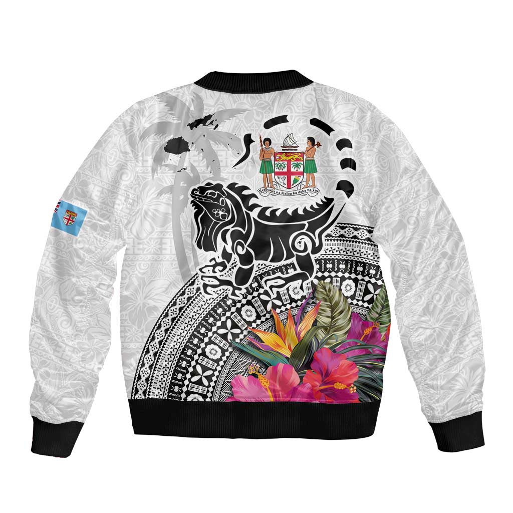 Fiji Iguana Sleeve Zip Bomber Jacket Tapa Tribal Tattoo and Hibiscus