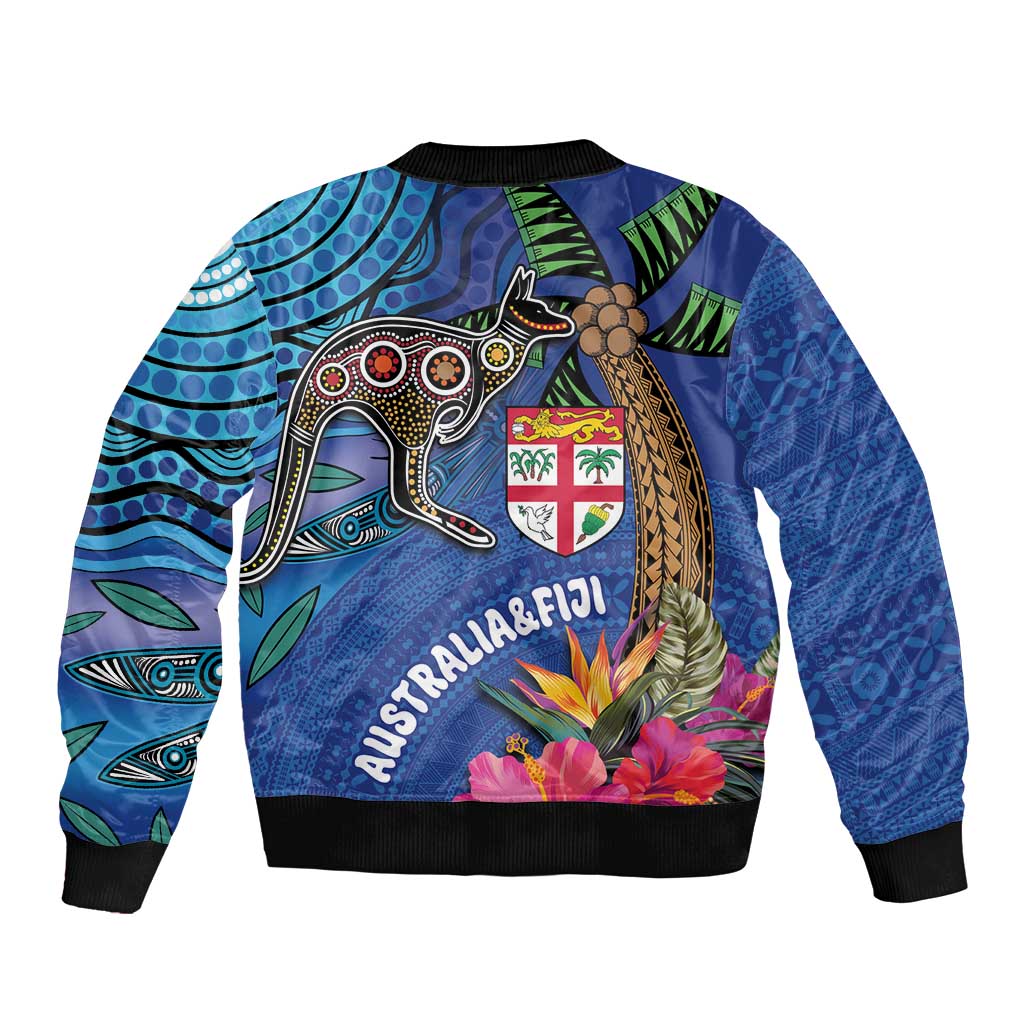 Fiji and Australia Together Bomber Jacket Aboriginal Kangaroo and Tapa Tribal Hibiscus