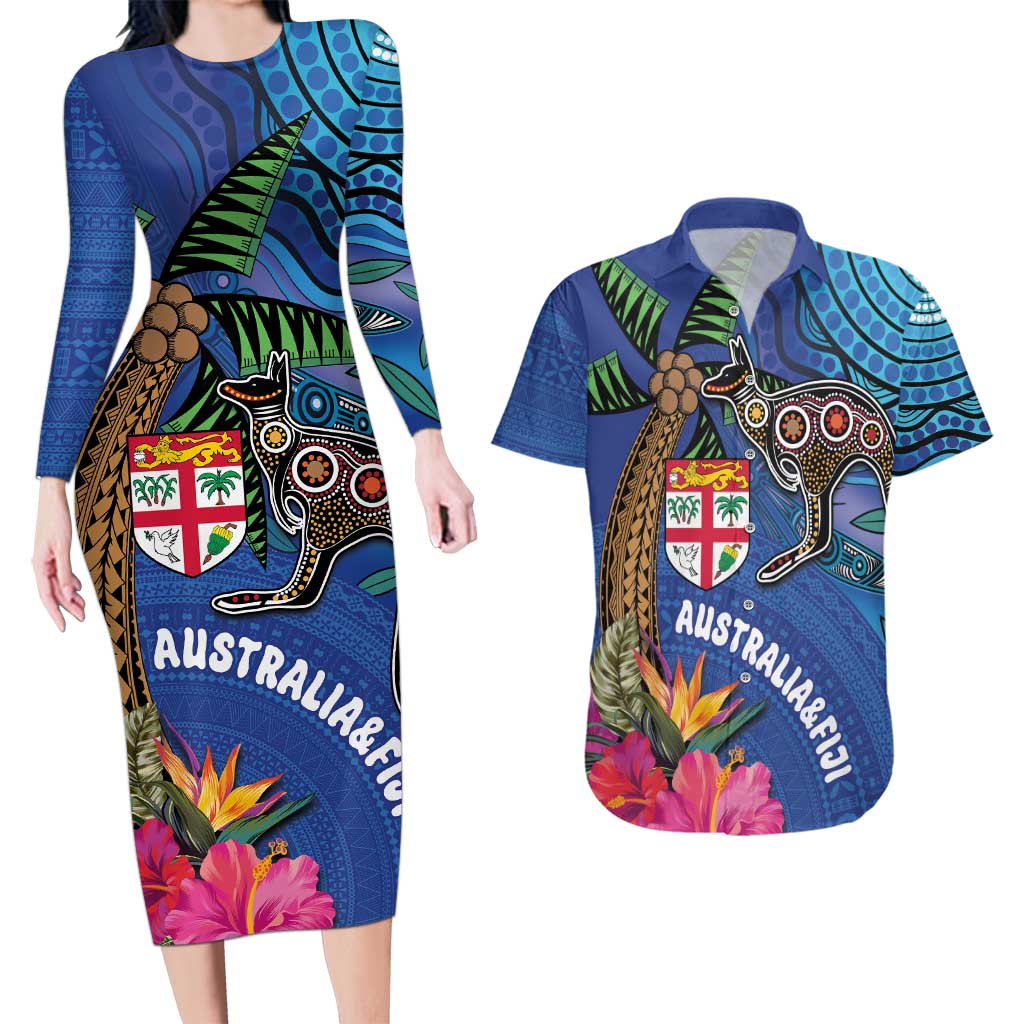 Fiji and Australia Together Couples Matching Long Sleeve Bodycon Dress and Hawaiian Shirt Aboriginal Kangaroo and Tapa Tribal Hibiscus LT03 Blue - Polynesian Pride