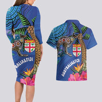 Fiji and Australia Together Couples Matching Long Sleeve Bodycon Dress and Hawaiian Shirt Aboriginal Kangaroo and Tapa Tribal Hibiscus LT03 - Polynesian Pride