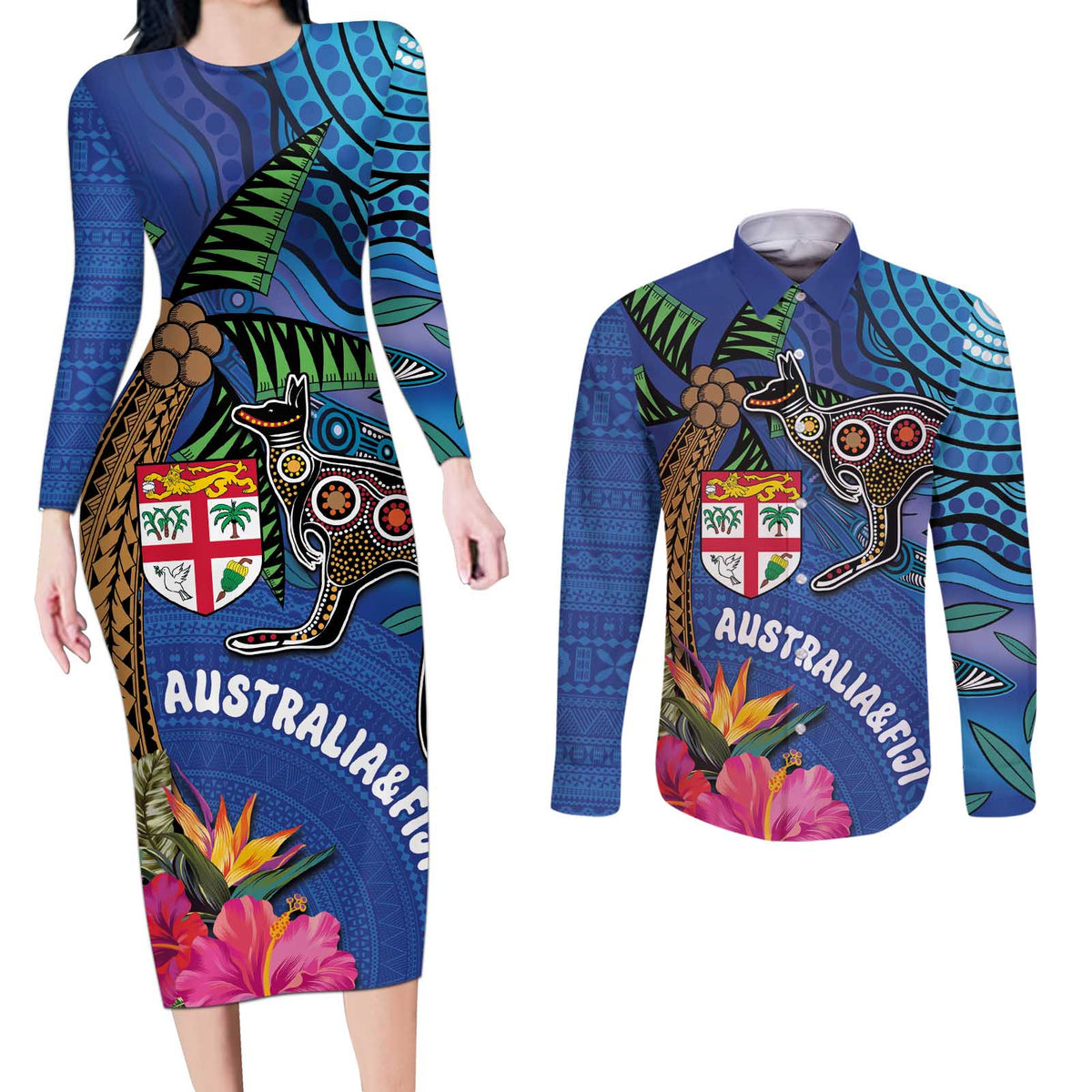 Fiji and Australia Together Couples Matching Long Sleeve Bodycon Dress and Long Sleeve Button Shirt Aboriginal Kangaroo and Tapa Tribal Hibiscus LT03 Blue - Polynesian Pride