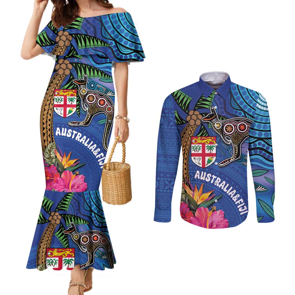 Fiji and Australia Together Couples Matching Mermaid Dress and Long Sleeve Button Shirt Aboriginal Kangaroo and Tapa Tribal Hibiscus LT03 Blue - Polynesian Pride