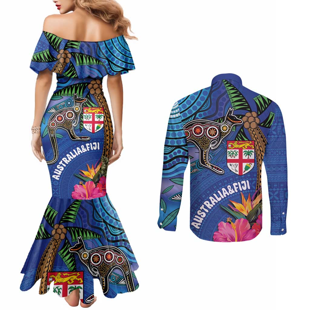 Fiji and Australia Together Couples Matching Mermaid Dress and Long Sleeve Button Shirt Aboriginal Kangaroo and Tapa Tribal Hibiscus LT03 - Polynesian Pride
