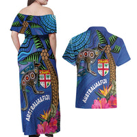 Fiji and Australia Together Couples Matching Off Shoulder Maxi Dress and Hawaiian Shirt Aboriginal Kangaroo and Tapa Tribal Hibiscus LT03 - Polynesian Pride