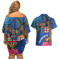 Fiji and Australia Together Couples Matching Off Shoulder Short Dress and Hawaiian Shirt Aboriginal Kangaroo and Tapa Tribal Hibiscus LT03 - Polynesian Pride