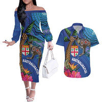 Fiji and Australia Together Couples Matching Off The Shoulder Long Sleeve Dress and Hawaiian Shirt Aboriginal Kangaroo and Tapa Tribal Hibiscus LT03 Blue - Polynesian Pride