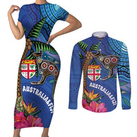 Fiji and Australia Together Couples Matching Short Sleeve Bodycon Dress and Long Sleeve Button Shirt Aboriginal Kangaroo and Tapa Tribal Hibiscus LT03 Blue - Polynesian Pride