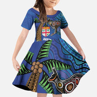 Fiji and Australia Together Family Matching Long Sleeve Bodycon Dress and Hawaiian Shirt Aboriginal Kangaroo and Tapa Tribal Hibiscus LT03 Daughter's Dress Blue - Polynesian Pride