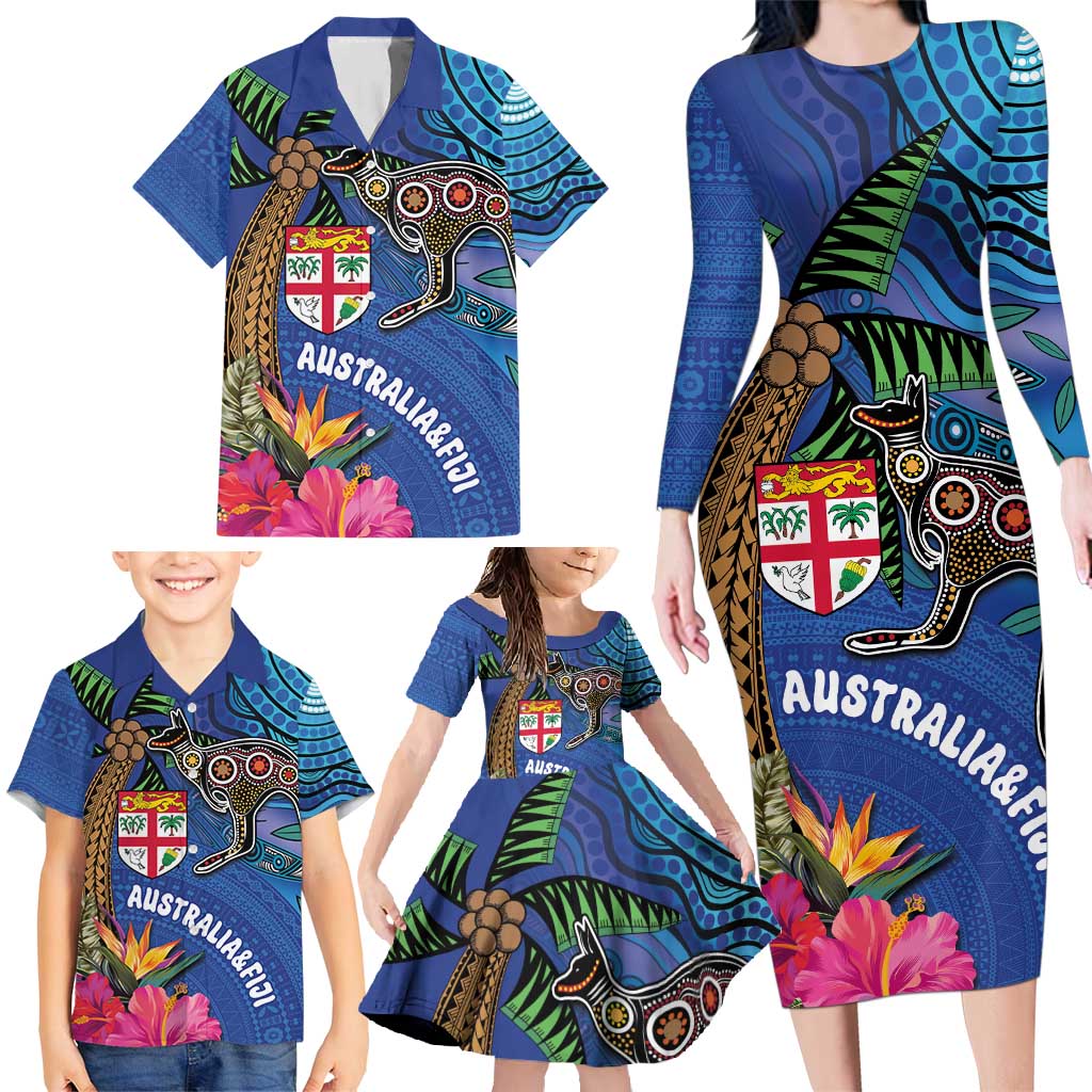 Fiji and Australia Together Family Matching Long Sleeve Bodycon Dress and Hawaiian Shirt Aboriginal Kangaroo and Tapa Tribal Hibiscus LT03 - Polynesian Pride