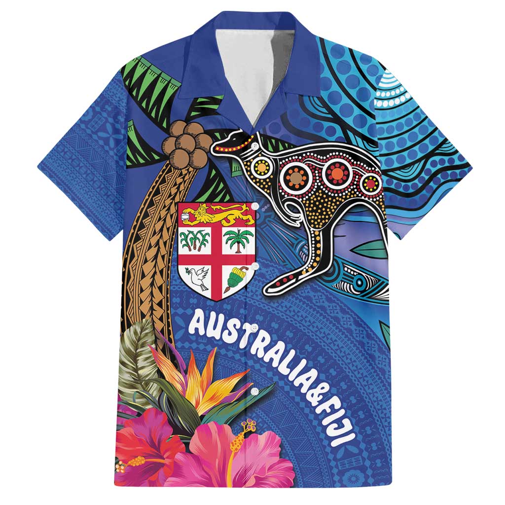 Fiji and Australia Together Family Matching Long Sleeve Bodycon Dress and Hawaiian Shirt Aboriginal Kangaroo and Tapa Tribal Hibiscus LT03 Dad's Shirt - Short Sleeve Blue - Polynesian Pride
