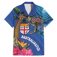 Fiji and Australia Together Family Matching Mermaid Dress and Hawaiian Shirt Aboriginal Kangaroo and Tapa Tribal Hibiscus LT03 Dad's Shirt - Short Sleeve Blue - Polynesian Pride