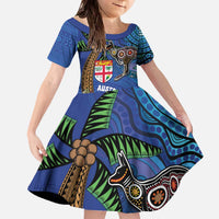 Fiji and Australia Together Family Matching Off The Shoulder Long Sleeve Dress and Hawaiian Shirt Aboriginal Kangaroo and Tapa Tribal Hibiscus LT03 Daughter's Dress Blue - Polynesian Pride