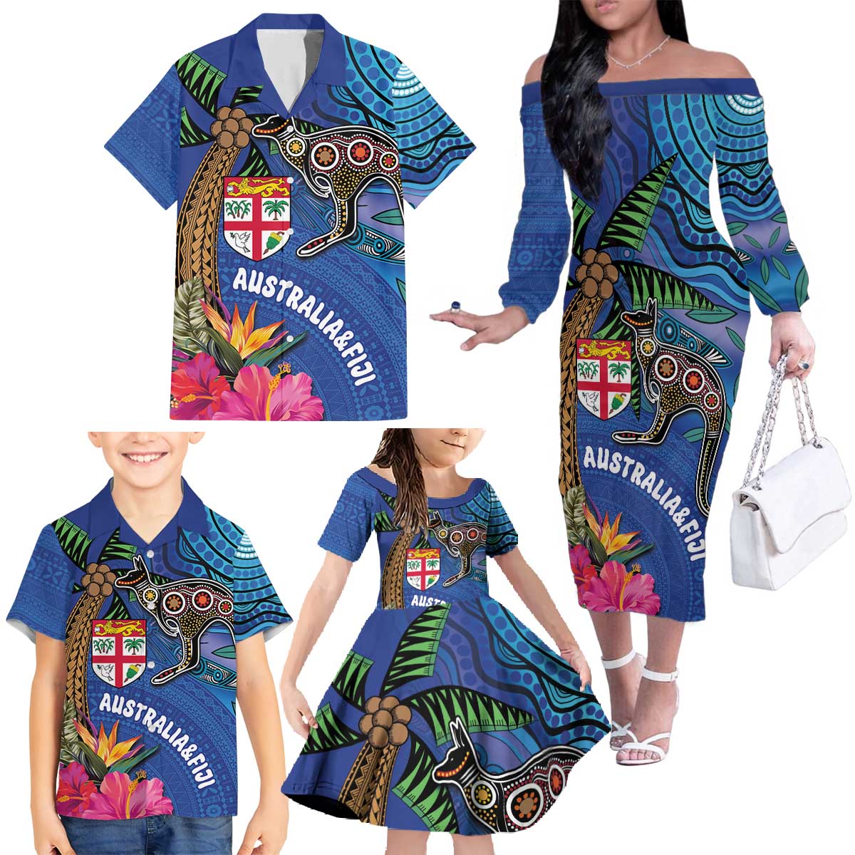 Fiji and Australia Together Family Matching Off The Shoulder Long Sleeve Dress and Hawaiian Shirt Aboriginal Kangaroo and Tapa Tribal Hibiscus LT03 - Polynesian Pride