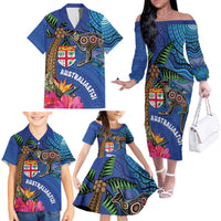 Fiji and Australia Together Family Matching Off The Shoulder Long Sleeve Dress and Hawaiian Shirt Aboriginal Kangaroo and Tapa Tribal Hibiscus LT03 - Polynesian Pride