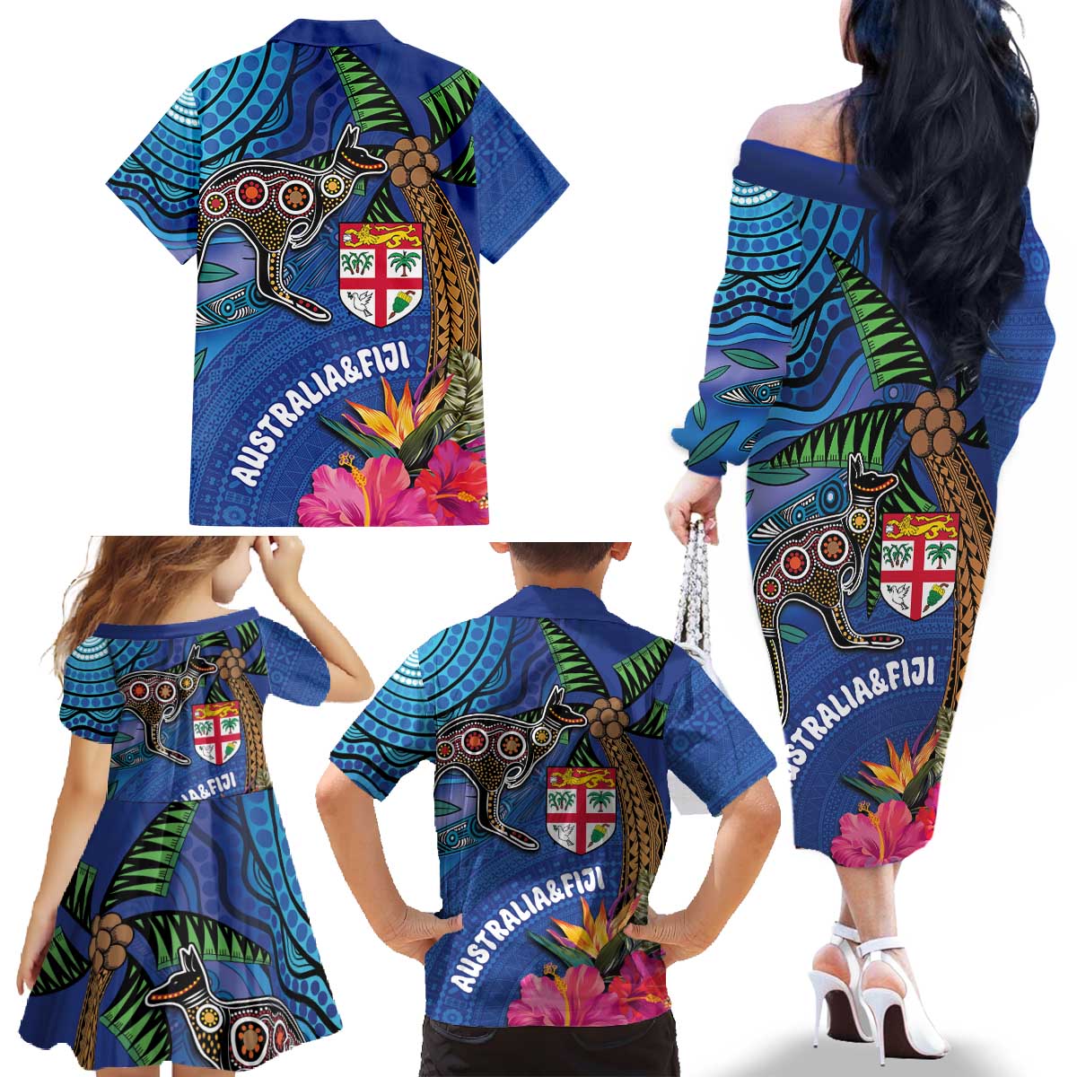Fiji and Australia Together Family Matching Off The Shoulder Long Sleeve Dress and Hawaiian Shirt Aboriginal Kangaroo and Tapa Tribal Hibiscus LT03 - Polynesian Pride