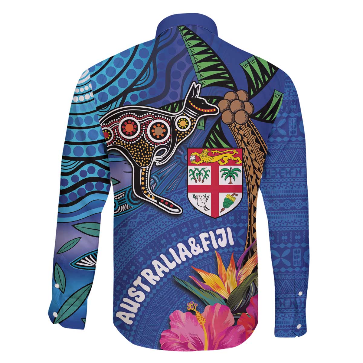 Fiji and Australia Together Family Matching Off The Shoulder Long Sleeve Dress and Hawaiian Shirt Aboriginal Kangaroo and Tapa Tribal Hibiscus LT03 - Polynesian Pride