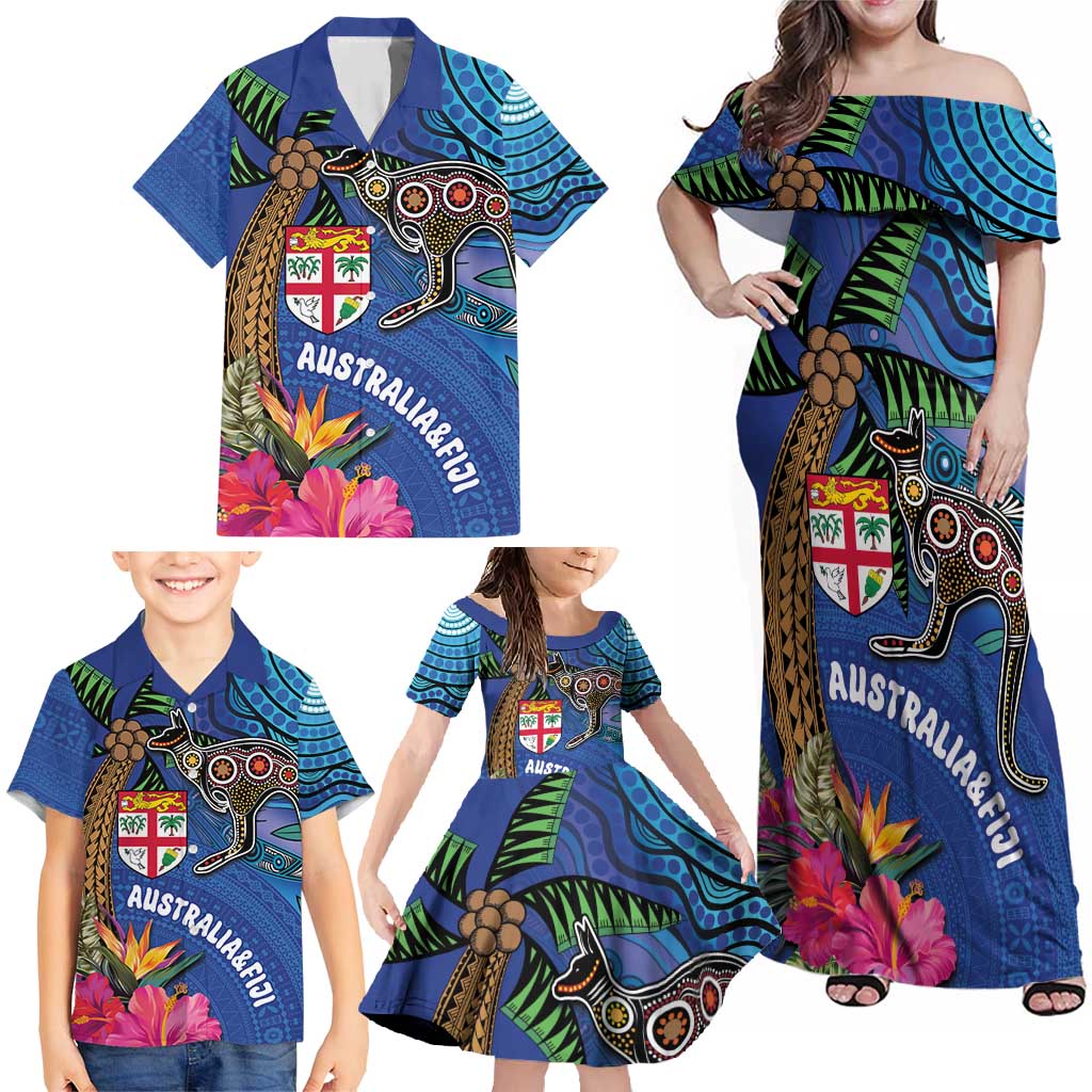 Fiji and Australia Together Family Matching Off Shoulder Maxi Dress and Hawaiian Shirt Aboriginal Kangaroo and Tapa Tribal Hibiscus LT03 - Polynesian Pride