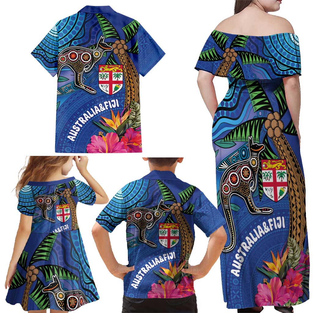 Fiji and Australia Together Family Matching Off Shoulder Maxi Dress and Hawaiian Shirt Aboriginal Kangaroo and Tapa Tribal Hibiscus LT03 - Polynesian Pride