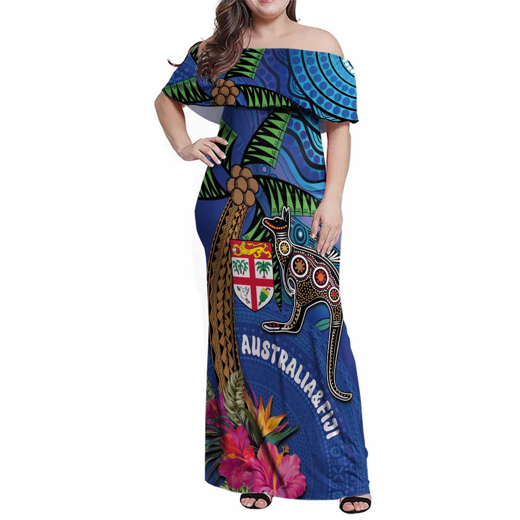 Fiji and Australia Together Family Matching Off Shoulder Maxi Dress and Hawaiian Shirt Aboriginal Kangaroo and Tapa Tribal Hibiscus LT03 Mom's Dress Blue - Polynesian Pride