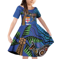 Fiji and Australia Together Family Matching Off Shoulder Short Dress and Hawaiian Shirt Aboriginal Kangaroo and Tapa Tribal Hibiscus LT03 Daughter's Dress Blue - Polynesian Pride