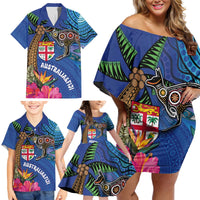 Fiji and Australia Together Family Matching Off Shoulder Short Dress and Hawaiian Shirt Aboriginal Kangaroo and Tapa Tribal Hibiscus LT03 - Polynesian Pride