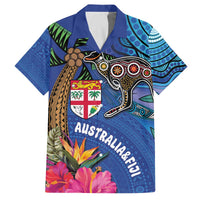 Fiji and Australia Together Family Matching Off Shoulder Short Dress and Hawaiian Shirt Aboriginal Kangaroo and Tapa Tribal Hibiscus LT03 Dad's Shirt - Short Sleeve Blue - Polynesian Pride