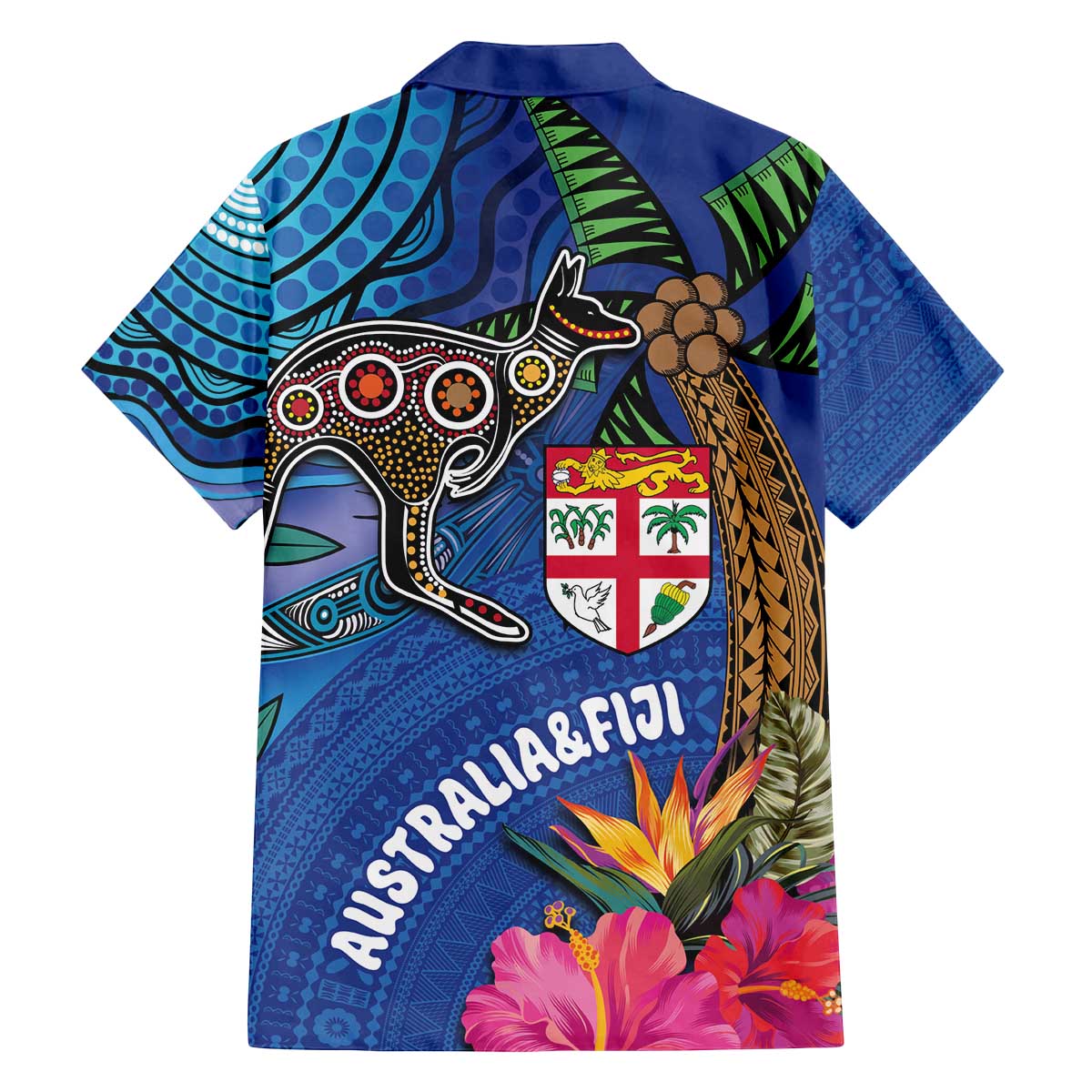 Fiji and Australia Together Family Matching Off Shoulder Short Dress and Hawaiian Shirt Aboriginal Kangaroo and Tapa Tribal Hibiscus LT03 - Polynesian Pride