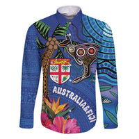 Fiji and Australia Together Family Matching Off Shoulder Short Dress and Hawaiian Shirt Aboriginal Kangaroo and Tapa Tribal Hibiscus LT03 Dad's Shirt - Long Sleeve Blue - Polynesian Pride