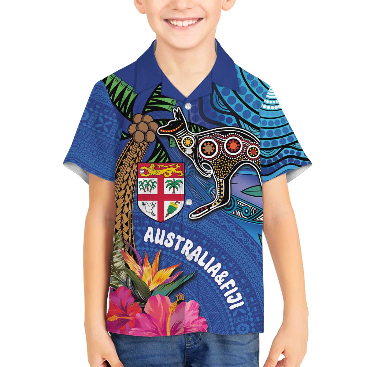 Fiji and Australia Together Family Matching Off Shoulder Short Dress and Hawaiian Shirt Aboriginal Kangaroo and Tapa Tribal Hibiscus LT03 Son's Shirt Blue - Polynesian Pride
