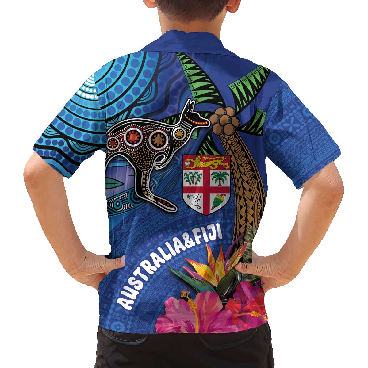 Fiji and Australia Together Family Matching Puletasi and Hawaiian Shirt Aboriginal Kangaroo and Tapa Tribal Hibiscus LT03 - Polynesian Pride