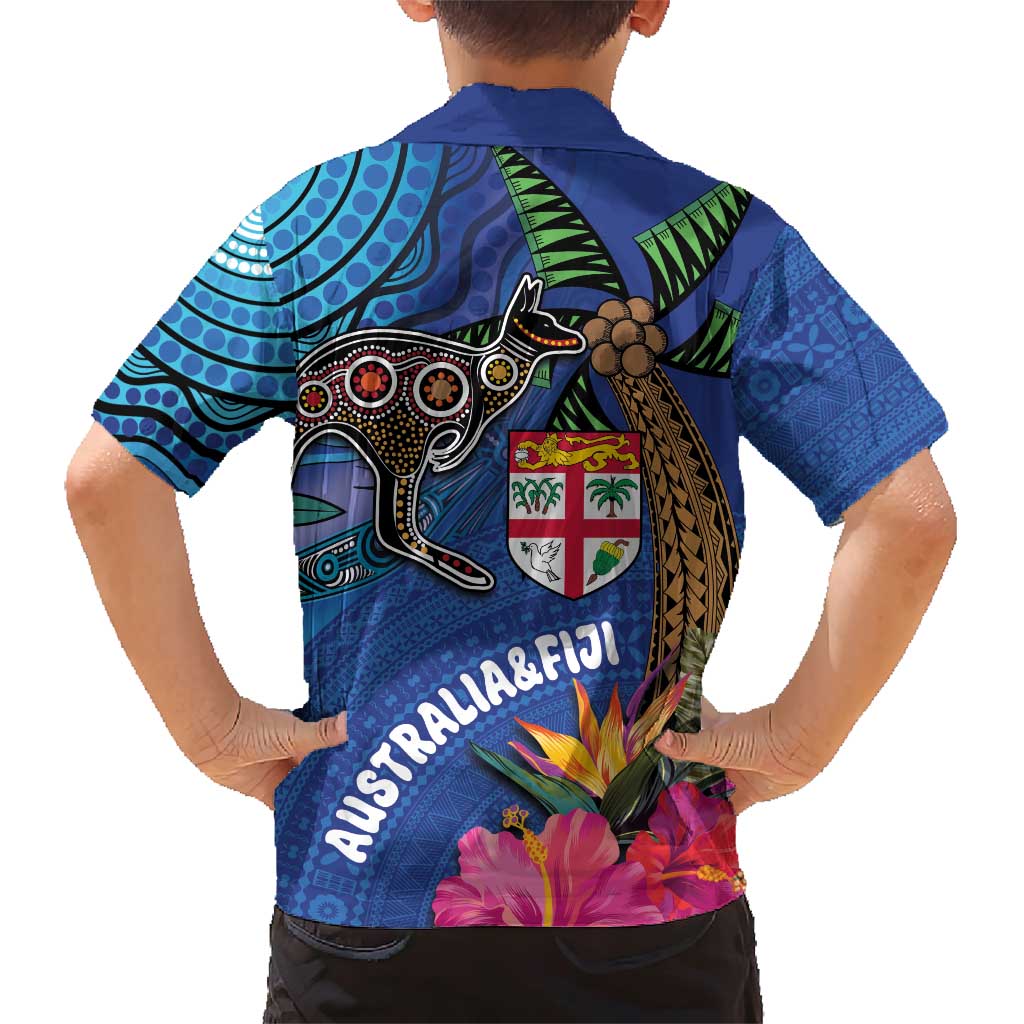 Fiji and Australia Together Family Matching Short Sleeve Bodycon Dress and Hawaiian Shirt Aboriginal Kangaroo and Tapa Tribal Hibiscus LT03 - Polynesian Pride