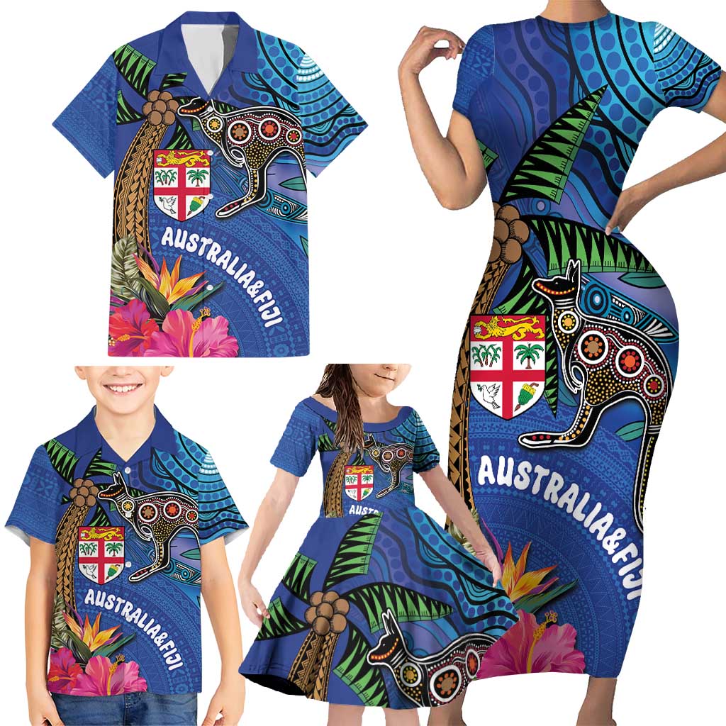 Fiji and Australia Together Family Matching Short Sleeve Bodycon Dress and Hawaiian Shirt Aboriginal Kangaroo and Tapa Tribal Hibiscus LT03 - Polynesian Pride
