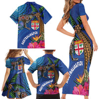 Fiji and Australia Together Family Matching Short Sleeve Bodycon Dress and Hawaiian Shirt Aboriginal Kangaroo and Tapa Tribal Hibiscus LT03 - Polynesian Pride