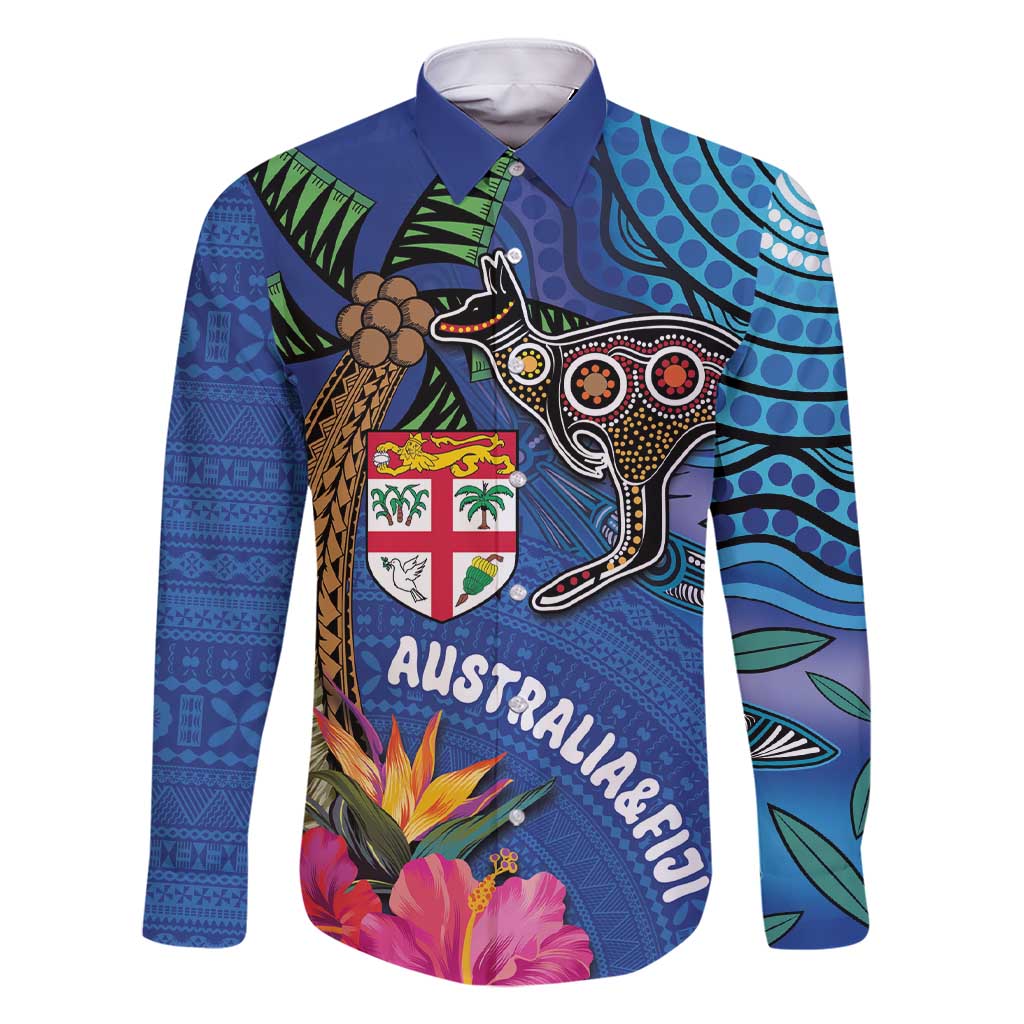 Fiji and Australia Together Family Matching Short Sleeve Bodycon Dress and Hawaiian Shirt Aboriginal Kangaroo and Tapa Tribal Hibiscus LT03 Dad's Shirt - Long Sleeve Blue - Polynesian Pride