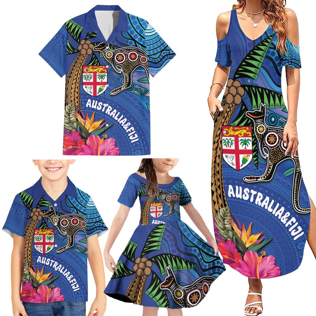 Fiji and Australia Together Family Matching Summer Maxi Dress and Hawaiian Shirt Aboriginal Kangaroo and Tapa Tribal Hibiscus LT03 - Polynesian Pride
