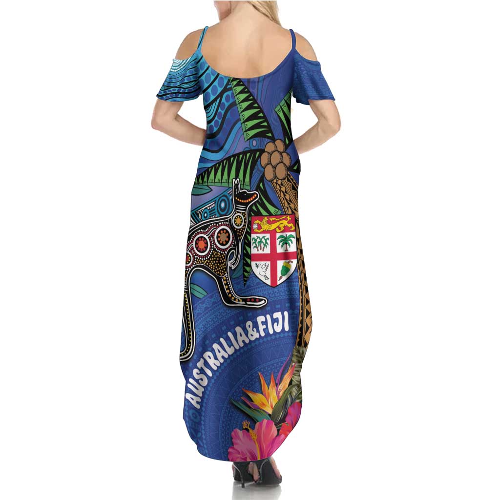 Fiji and Australia Together Family Matching Summer Maxi Dress and Hawaiian Shirt Aboriginal Kangaroo and Tapa Tribal Hibiscus LT03 - Polynesian Pride
