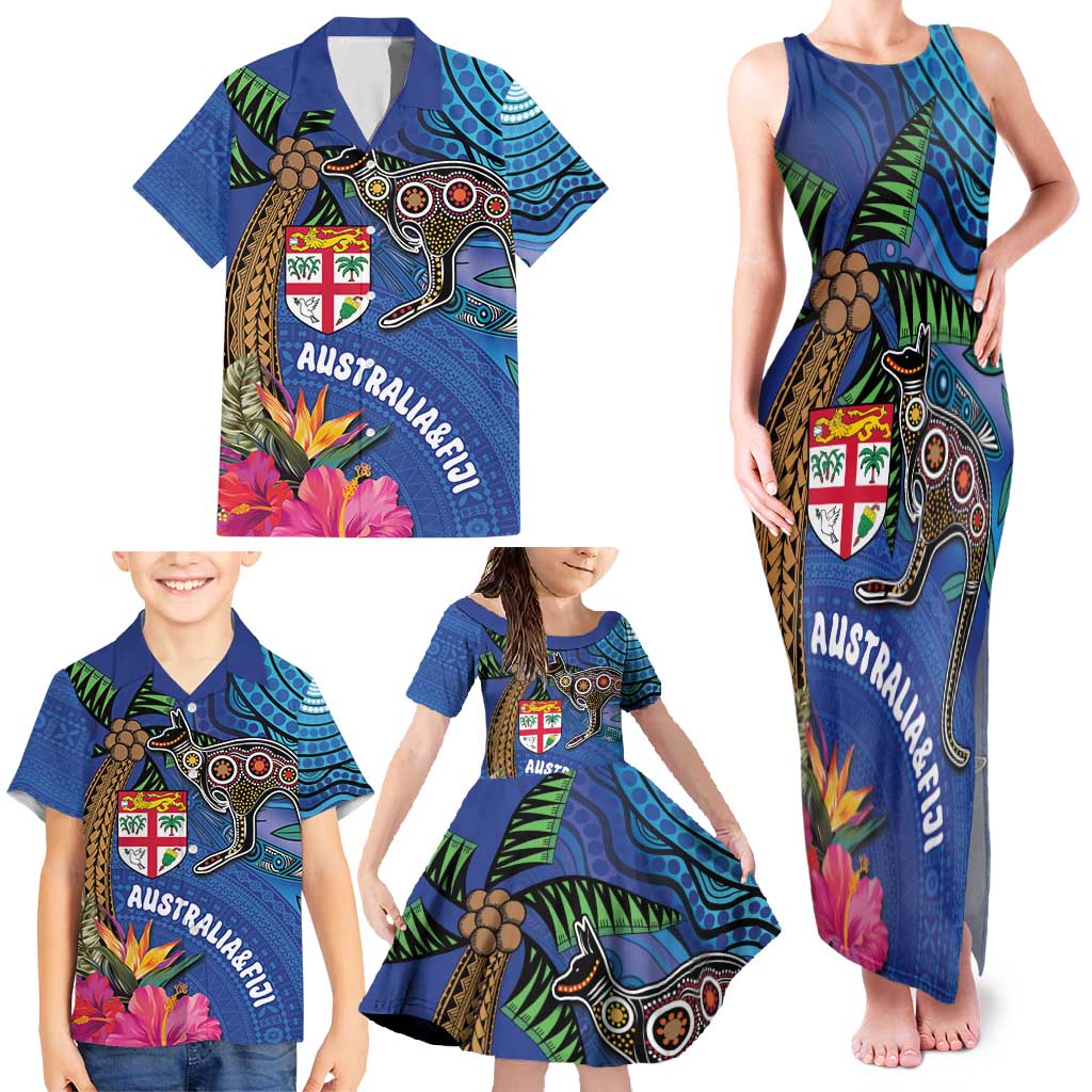 Fiji and Australia Together Family Matching Tank Maxi Dress and Hawaiian Shirt Aboriginal Kangaroo and Tapa Tribal Hibiscus LT03 - Polynesian Pride