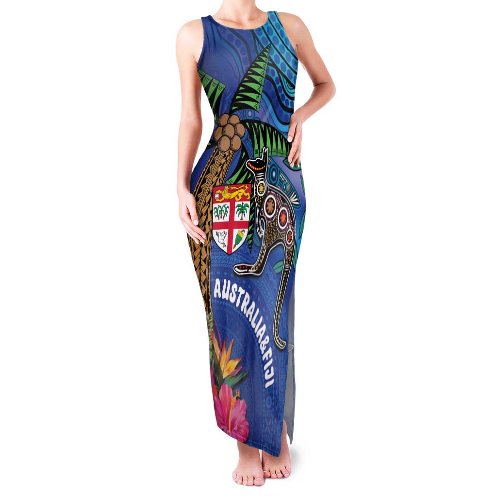 Fiji and Australia Together Family Matching Tank Maxi Dress and Hawaiian Shirt Aboriginal Kangaroo and Tapa Tribal Hibiscus LT03 Mom's Dress Blue - Polynesian Pride