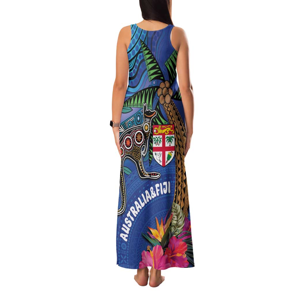 Fiji and Australia Together Family Matching Tank Maxi Dress and Hawaiian Shirt Aboriginal Kangaroo and Tapa Tribal Hibiscus LT03 - Polynesian Pride