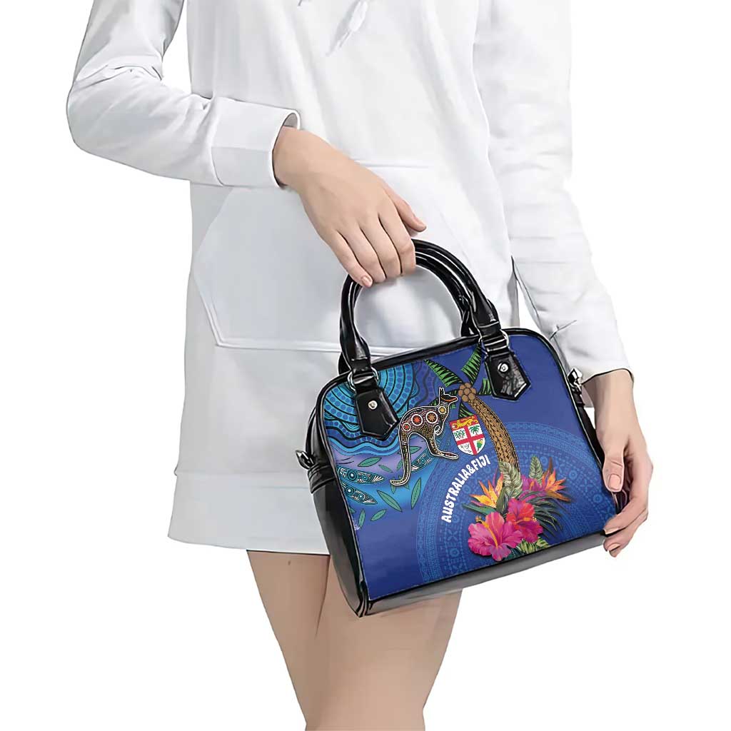 Fiji and Australia Together Shoulder Handbag Aboriginal Kangaroo and Tapa Tribal Hibiscus