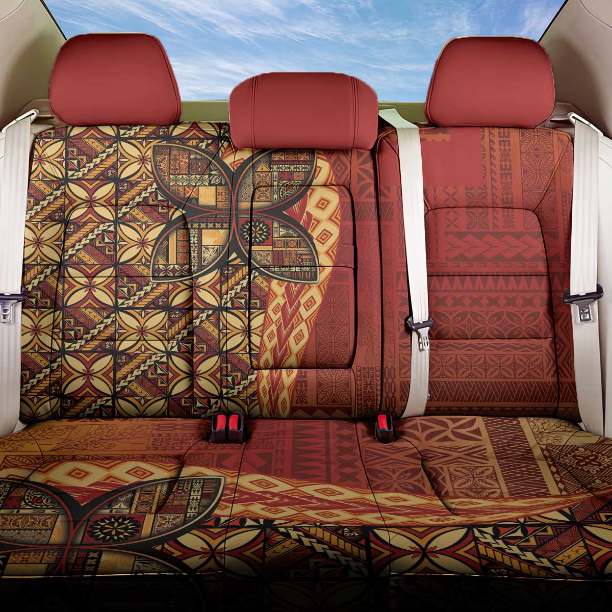 Samoan Pacific Tribal Flower Geometric Art Tattoos Back Car Seat Cover Siapo Pattern Flame Sunset - Polynesian Pride