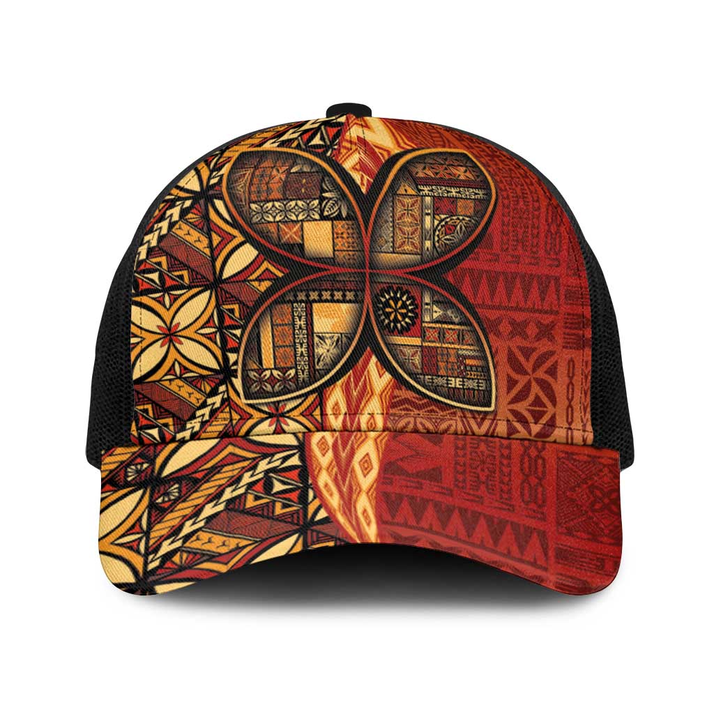 Samoan Pacific Tribal Flower Geometric Art Tattoos Baseball Net Cap Siapo Pattern Flame Sunset - Polynesian Pride