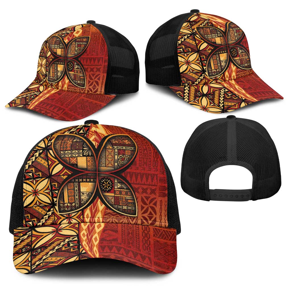 Samoan Pacific Tribal Flower Geometric Art Tattoos Baseball Net Cap Siapo Pattern Flame Sunset - Polynesian Pride