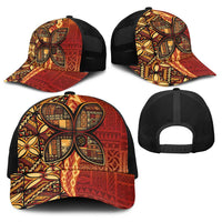 Samoan Pacific Tribal Flower Geometric Art Tattoos Baseball Net Cap Siapo Pattern Flame Sunset - Polynesian Pride
